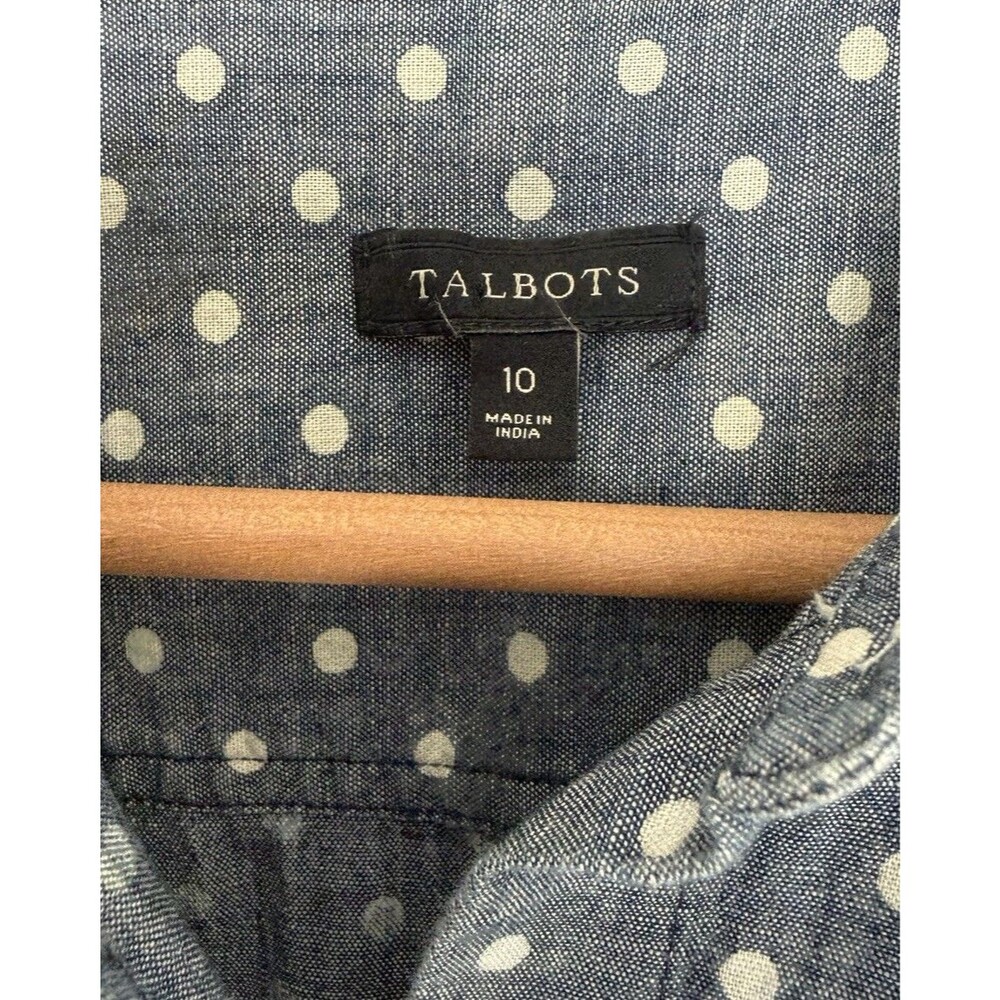 Talbots Blue/White Polka Dot Chambray Shirt Dress Belted Pockets Cotton 10 - Picture 4 of 7